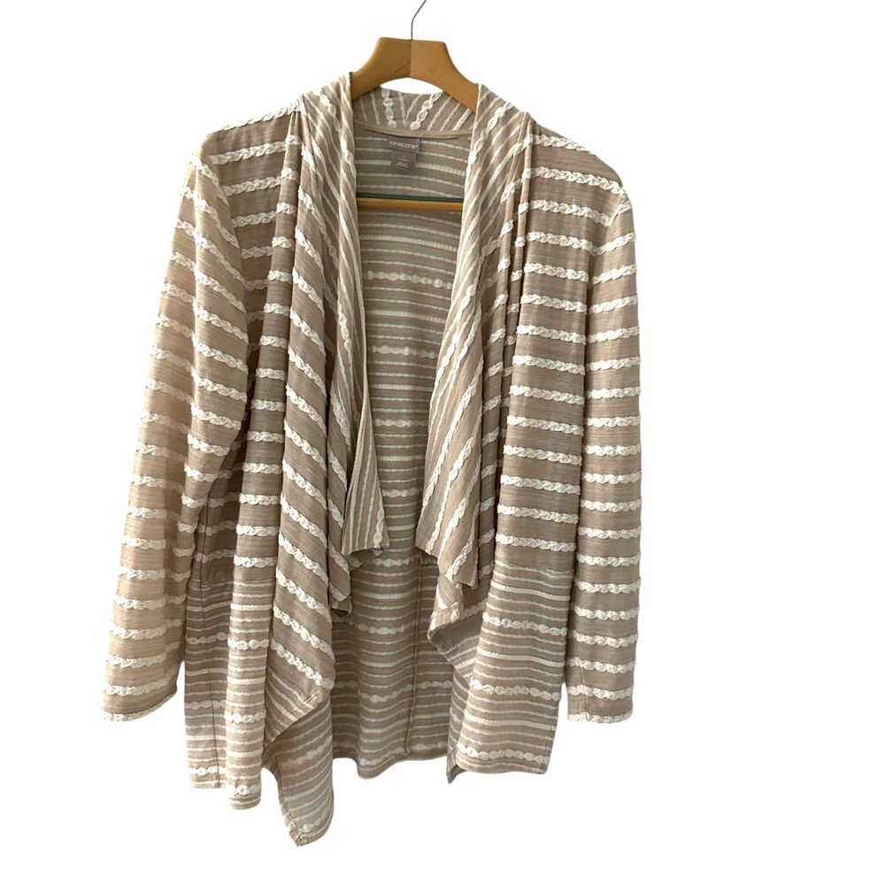 Chico’s Beige and White Striped Lightweight Cotton Open Waterfall‎ Cardigan